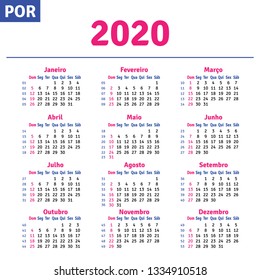 Portuguese (Brazilian) calendar 2020, horizontal text calendar grid on white background, vector