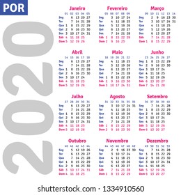 Portuguese (Brazilian) calendar 2020, vertical text calendar grid on white background, vector