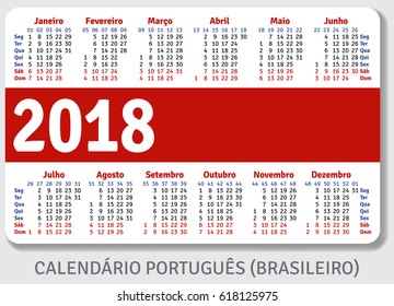 Portuguese (Brazilian) pocket calendar for 2018, standard size ISO 7810 ID-1, vector template