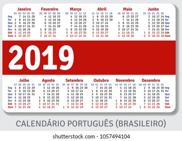 Portuguese (Brazilian) pocket calendar for 2019, standard size ISO 7810 ID-1, horizontal vector template