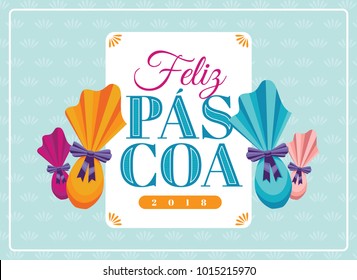 Portuguese brazilian title saying happy easter. Easter design, golden easter logo elements, colorful ribbons. Vector illustration greeting card, ad, poster, flyer, web-banner, promotion