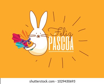 Título português brasileiro dizendo feliz páscoa. Design de Páscoa, elementos de logotipo dourado da Páscoa, fitas coloridas. Cartão de saudação de ilustração vetorial, anúncio, cartaz, folheto, web-banner, promoção