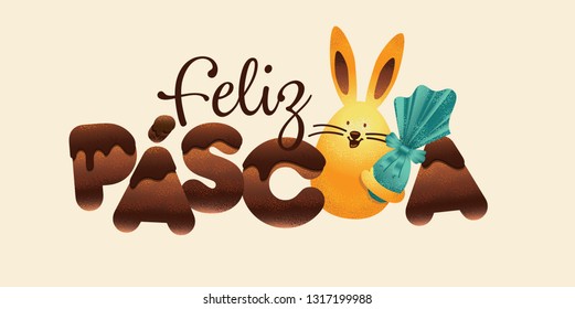 Portuguese brazilian title saying happy easter. Easter design, golden easter logo elements, colorful ribbons. Vector illustration greeting card, ad, poster, flyer, web-banner, promotion