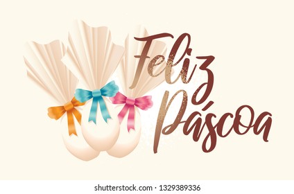 Portuguese Brazilian title saying Happy Easter. Pascoa Easter Logotype. Colorful Composition. Brazilian Easter Design.