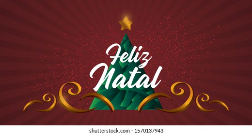 Portuguese brazilian title saying Happy Christmas. Christmas design, with golden, red and green elements. Vector illustration greeting card, ad, poster, flyer, web-banner, promotion