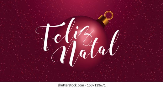 Portuguese brazilian title saying Happy Christmas. Christmas design, with golden, red and white elements. Vector illustration greeting card, ad, poster, flyer, web-banner, promotion