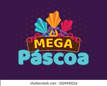 Portuguese brazilian title saying mega easter. Easter design, golden easter logo elements, colorful ribbons. Vector illustration greeting card, ad, poster, flyer, web-banner, promotion