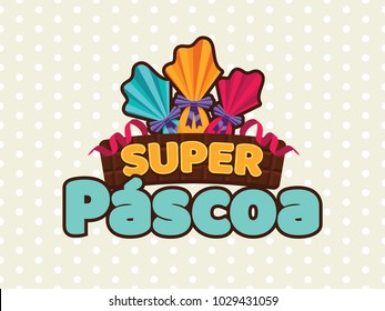 Portuguese brazilian title saying super easter. Easter design, golden easter logo elements, colorful ribbons. Vector illustration greeting card, ad, poster, flyer, web-banner, promotion