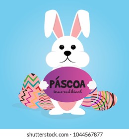 Portuguese Brazilian title saying Unbelievable Easter. Pascoa Easter Logotype. Colorful Eggs Composition. Packed Chocolate Eggs and rabbit. Brazilian Easter Design