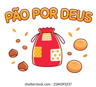 Pão-por-Deus (Portuguese for Bread for God) All Saints Day tradition in Portugal. Cloth bag, broas (cakes) nuts and chestnuts. Cartoon vector illustration, text lettering.