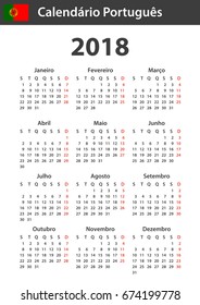 Portuguese Calendar for 2018. Scheduler, agenda or diary template. Week starts on Monday