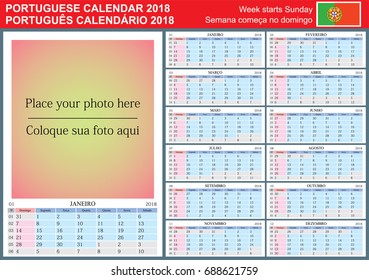 Portuguese calendar 2018. Vector Template with Place for Photo. Week Starts Sunday. 