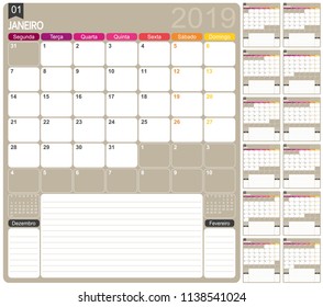 Portuguese calendar 2019 / Portuguese calendar template for year 2019, set of 12 months, week starts on Monday, printable calendar templates