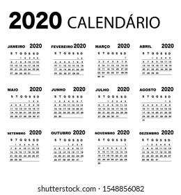 Portuguese calendar 2020 with simple black numbers, week starts on Monday. Vector calendar 2020.