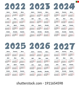 Portuguese calendar  2022 - 2027 on white background, week starts on Monday