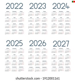Portuguese calendar  2022 - 2027 on white background, week starts on Monday