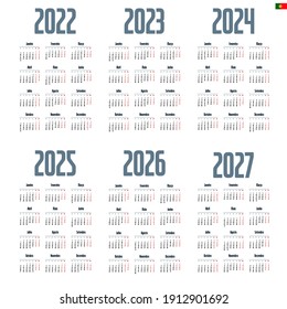 Portuguese calendar  2022 - 2027 on white background, week starts on Monday