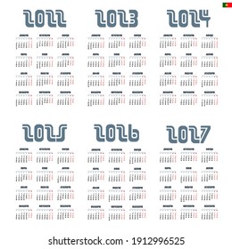 Portuguese calendar  2022 - 2027 on white background, week starts on Monday