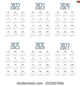 Portuguese calendar  2022 - 2027 on white background, week starts on Monday
