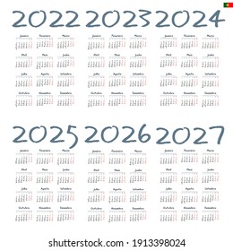 Portuguese calendar  2022 - 2027 on white background, week starts on Monday
