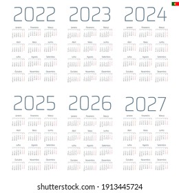 Portuguese calendar  2022 - 2027 on white background, week starts on Monday
