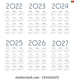 Portuguese calendar  2022 - 2027 on white background, week starts on Monday