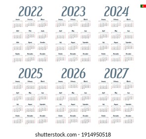 Portuguese calendar  2022 - 2027 on white background, week starts on Sunday 