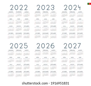 Portuguese calendar  2022 - 2027 on white background, week starts on Sunday 