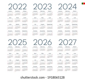 Portuguese calendar  2022 - 2027 on white background, week starts on Sunday 