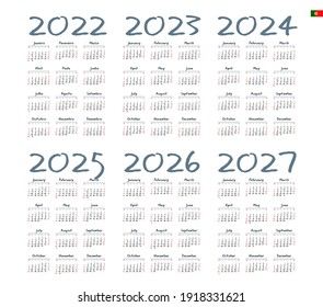 Portuguese calendar  2022 - 2027 on white background, week starts on Sunday 