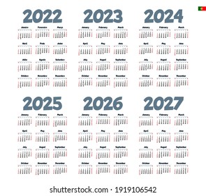 Portuguese calendar  2022 - 2027 on white background, week starts on Sunday 