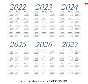 Portuguese calendar  2022 - 2027 on white background, week starts on Sunday 