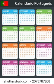Portuguese Calendar for 2022. Scheduler, agenda or diary template. Week starts on Monday