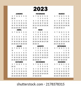 Calendario portugués 2023. La semana empieza con el DOMINGO. Eps 10. A4, A3. Sun-Sun del calendario portugués sobre fondo blanco