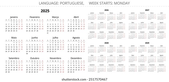 CALENDÁRIO PORTUGUÊS 2025, 2026, 2027, 2028, 2029. Ilustração vetorial imprimível definida para Portugal