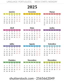 Portuguese calendar 2025 - Colorfull Portugal design illustration with 12 months