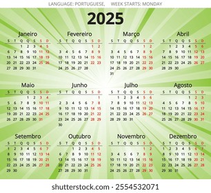 PORTUGUESE calendar for 2025 year. Color vector illustration for Portugal