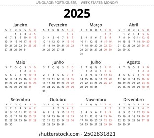 PORTUGUESE calendar for 2025 year. Printable vector illustration for Portugal