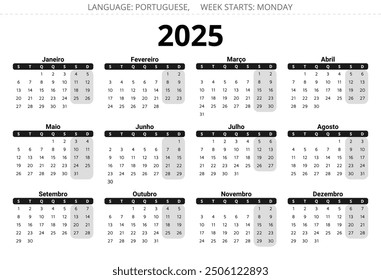 Calendario portugués para el año 2025. Ilustración vectorial imprimible en colores oscuros para Portugal