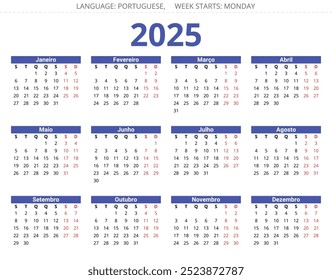 Calendario portugués para el año 2025. Ilustración vectorial imprimible para Portugal