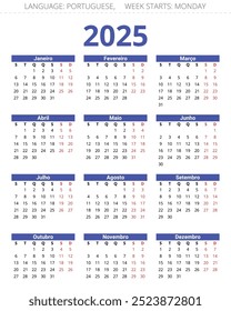 Calendario portugués para el año 2025. Ilustración vectorial imprimible para Portugal. Vertical 