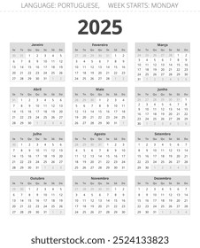 Calendario portugués para el año 2025. Ilustración vectorial imprimible en colores grises para Portugal. Vertical 