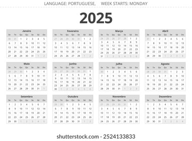 Calendario portugués para el año 2025. Ilustración vectorial imprimible en colores grises para Portugal. Vertical 