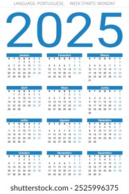 Calendario portugués para el año 2025. Ilustración vectorial imprimible para Portugal. Vertical 