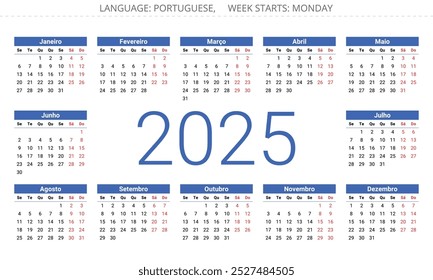 Calendario portugués para el año 2025. Ilustración vectorial de Plantilla imprimible para Portugal. 