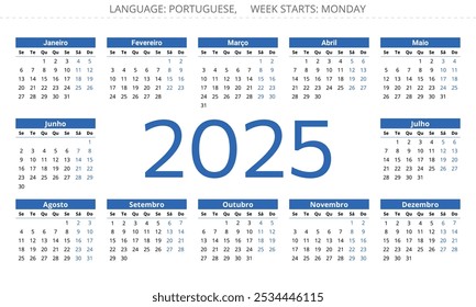 Calendário PORTUGUÊS para 2025 ano. Ilustração vetorial de modelo para impressão para Portugal. 