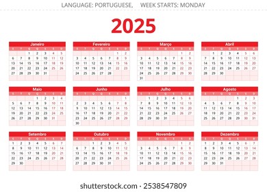 PORTUGUESE calendar for 2025 year. Printable vector illustration in red colors for Portugal