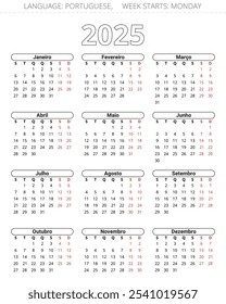 PORTUGUESE calendar for 2025 year. Printable vector illustration for Portugal