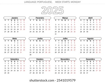 Calendario portugués para el año 2025. Ilustración vectorial imprimible para Portugal