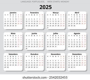 PORTUGUESE calendar for 2025 year. Printable vector illustration for Portugal